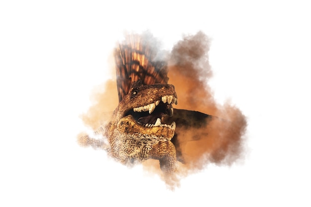 Foto dinosaurio dimetrodon sobre fondo de humo