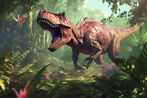 El dinosaurio está en la jungla Hermosa imagen de ilustración AI generativa