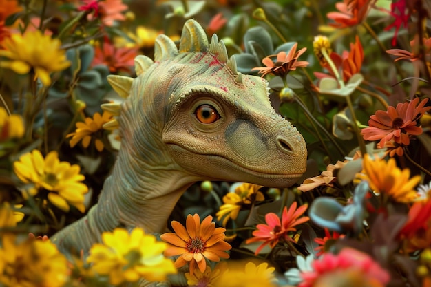 Un dinosaurio está de pie en un campo de flores