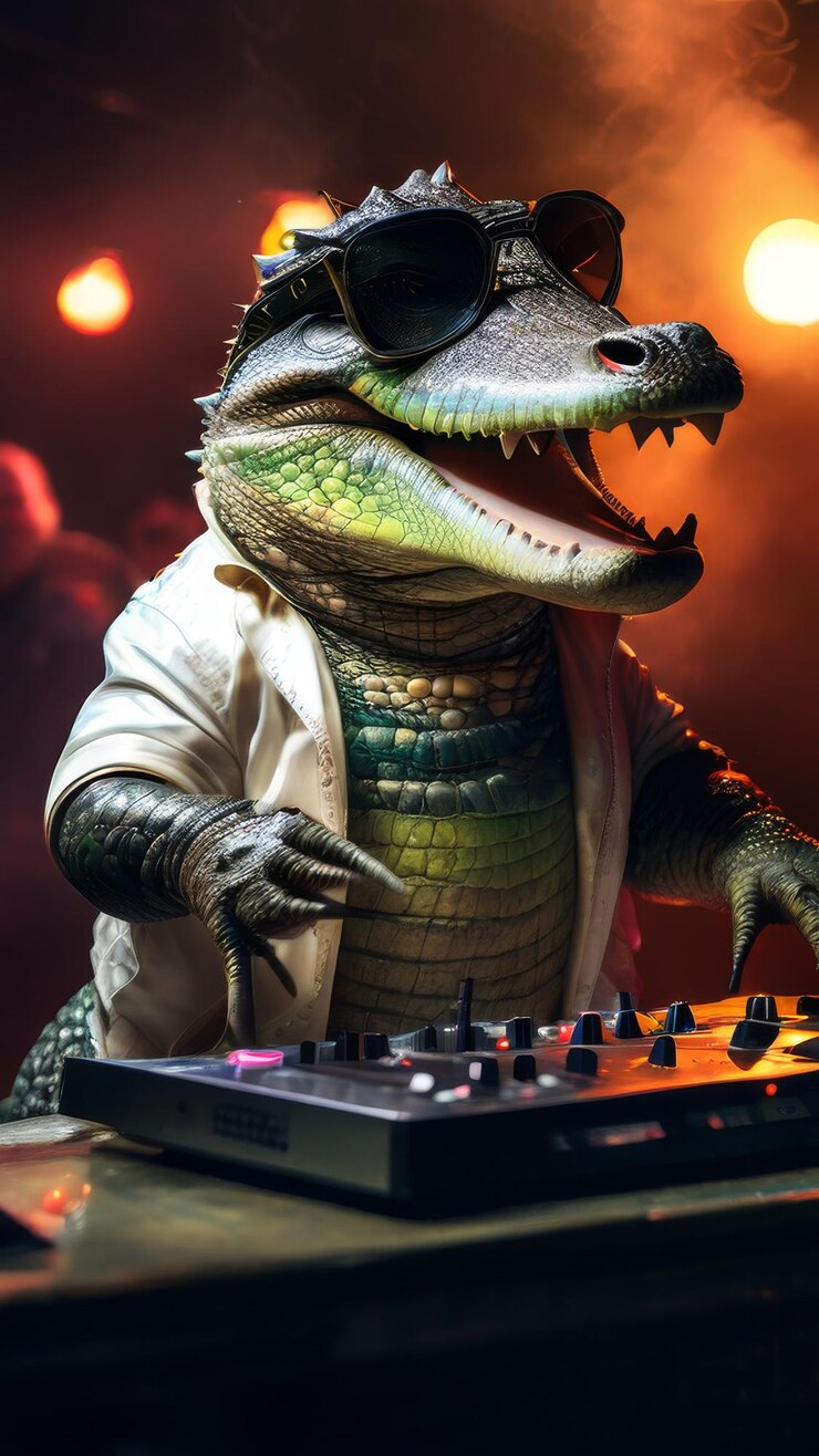 Foto un dinosaurio está tocando un dj con un teclado