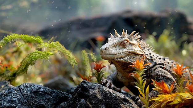 Dinosaurio de fantasía en un bosque prehistórico