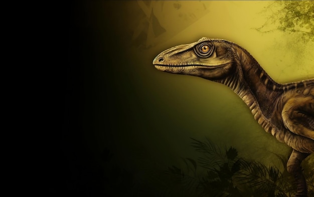 Un dinosaurio con fondo amarillo y fondo verde.