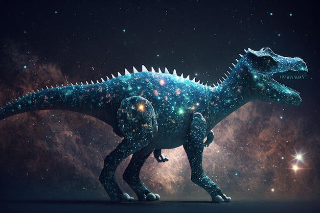 Un dinosaurio con fondo de galaxia.