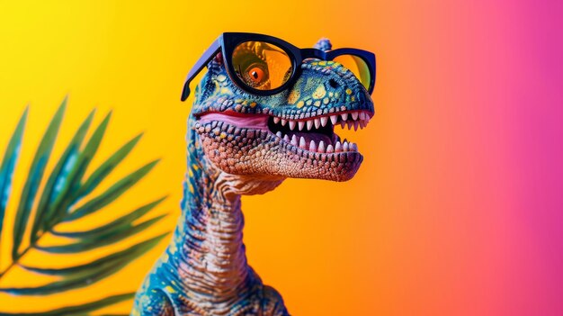 Dinosaurio con gafas de sol y hoja de palma