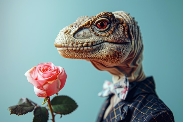 Dinosaurio gracioso en un traje de negocios con una rosa sobre un fondo azul Concepto creativo de amor joven