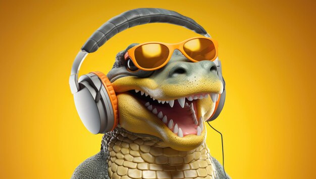 Dinosaurio groovy en tonos de naranja y auriculares exuda una divertida personalidad amante de la música contra un fondo amarillo vibrante