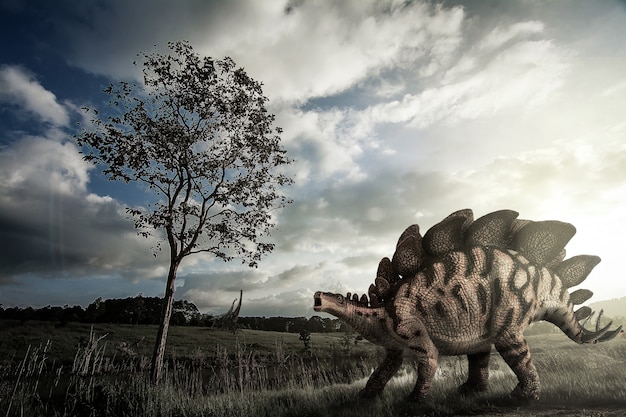 Foto dinosaurio herbívoro stegosaurus que vive en el jurásico tardío