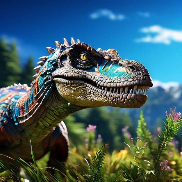 Foto dinosaurio en la hierba contra el cielo azul