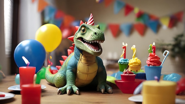 Foto dinosaurio de juguete verde en sombrero de cumpleaños con pasteles y globos coloridos en la mesa arte tarjeta de cumpleañas i
