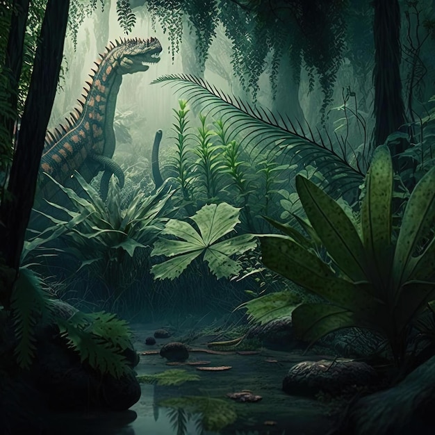 Foto un dinosaurio en la jungla con un fondo verde.