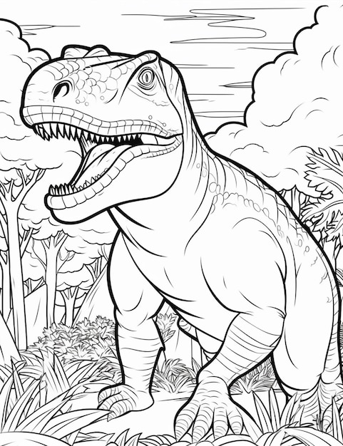 Un dinosaurio en la jungla páginas para colorear generativo ai