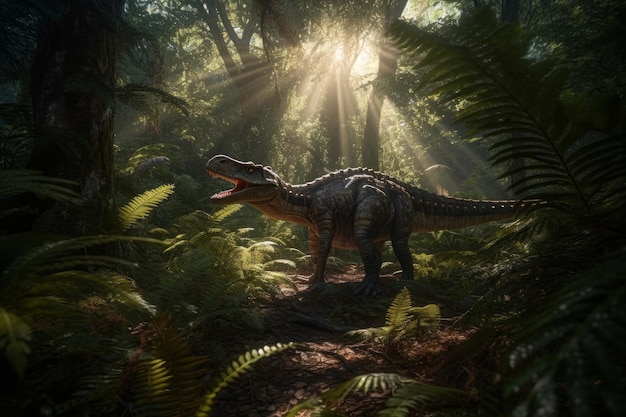 Un dinosaurio en la jungla con el sol brillando a través de las hojas.