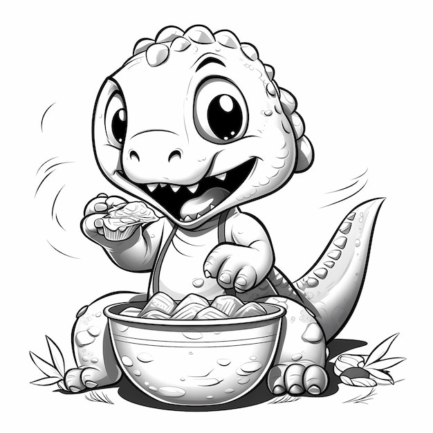 dinosaurio lindo comiendo espagueti estilo de página para colorear en blanco y negro