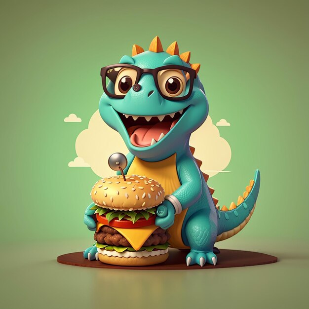 Dinosaurio lindo comiendo hamburguesa con gafas ilustración de icono vectorial de dibujos animados comida animal aislada plana