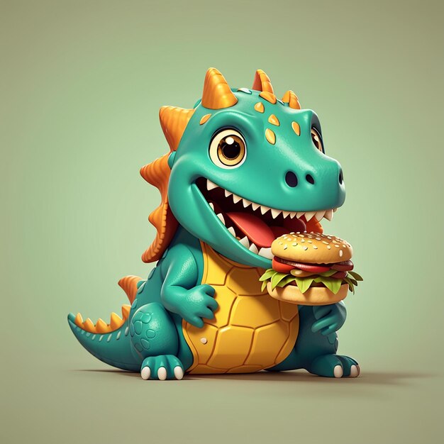 Un dinosaurio lindo comiendo una hamburguesa icona de dibujos animados de vector ilustración icona de comida para animales concepto de plano aislado