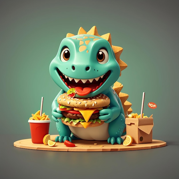 Un dinosaurio lindo comiendo una hamburguesa icona de dibujos animados de vector ilustración icona de comida para animales concepto de plano aislado