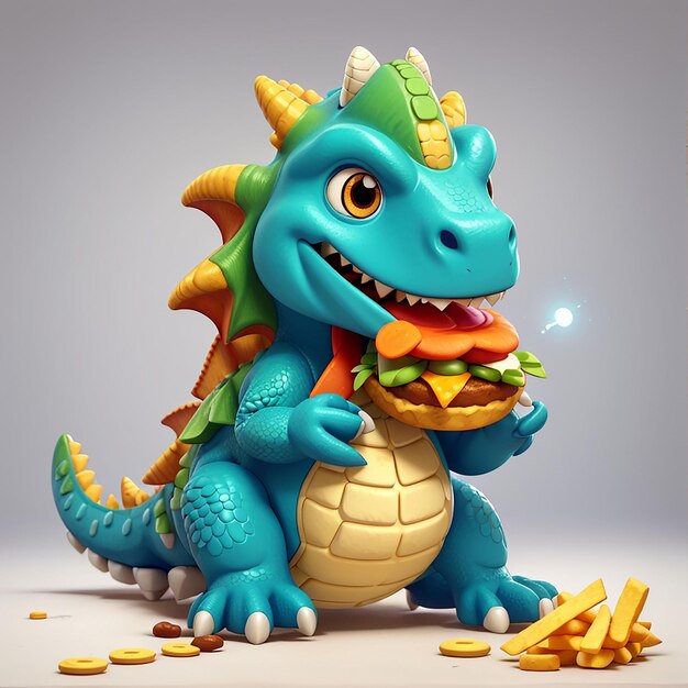 Foto dinosaurio lindo comiendo hamburguesa icono vectorial ilustración dino mascota personaje de dibujos animados icono de animales concepto estilo de dibujo animado plano aislado blanco adecuado para página de aterrizaje web banner flyer sticker card