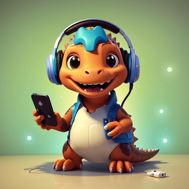 Dinosaurio lindo jugando al juego con controlador y auriculares animal de ilustración de icono vectorial de dibujos animados