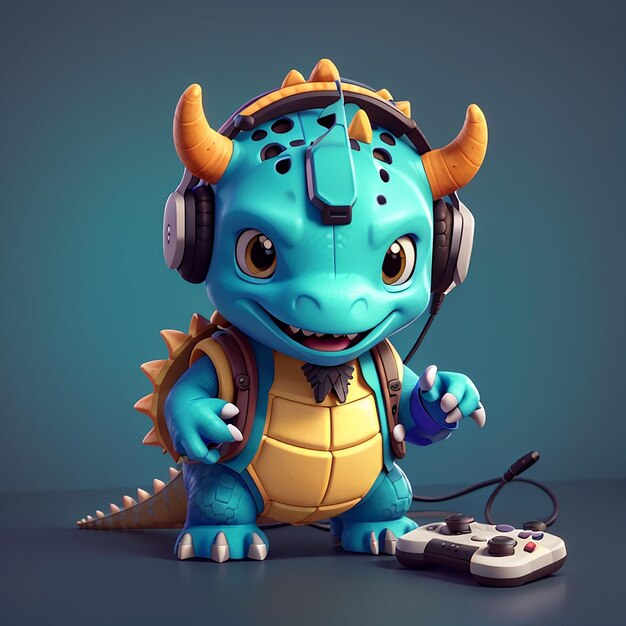 Foto dinosaurio lindo jugando al juego con controlador y auriculares icono vectorial de dibujos animados ilustración icono de tecnología animal concepto aislado de estilo de dibujo animado plano vectorial premium