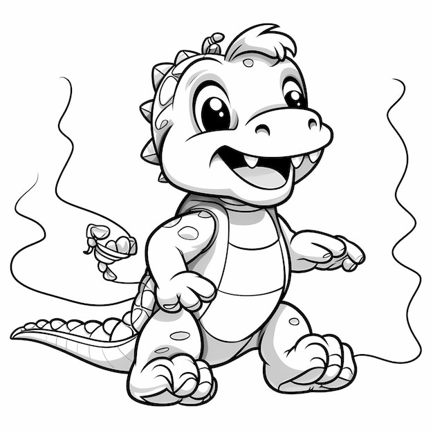 dinosaurio lindo saltando la cuerda para colorear estilo de página en blanco y negro