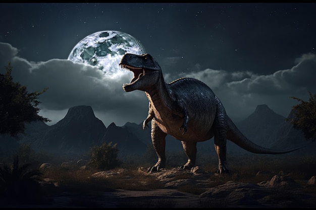 Un dinosaurio con luna llena de fondo.