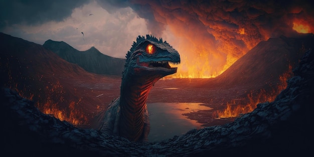 Un dinosaurio con una montaña en llamas al fondo.