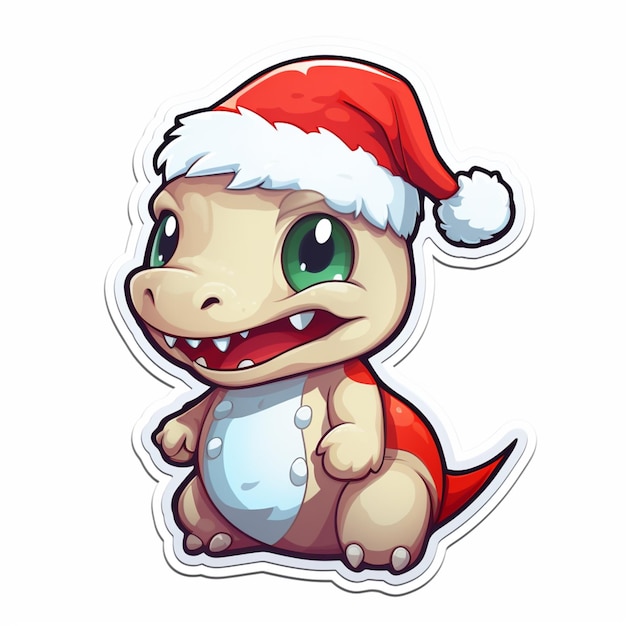 Dinosaurio de Navidad de dibujos animados con sombrero de Papá Noel y bola de nieve