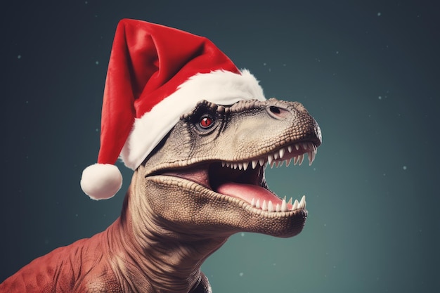 Un dinosaurio navideño festivo con un sombrero de Papá Noel