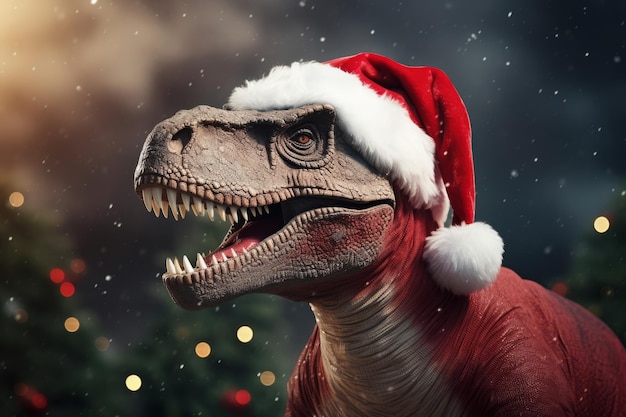 Un dinosaurio navideño festivo con un sombrero de Papá Noel