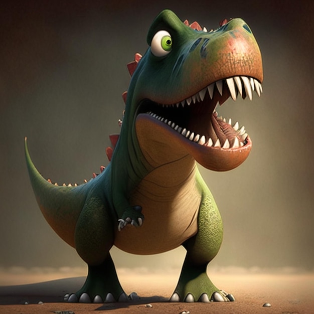 Dinosaurio con ojos verdes sobre un fondo oscuro 3D Render ilustración