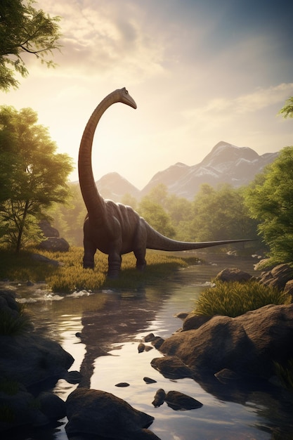 Foto un dinosaurio está parado en un arroyo con montañas al fondo.