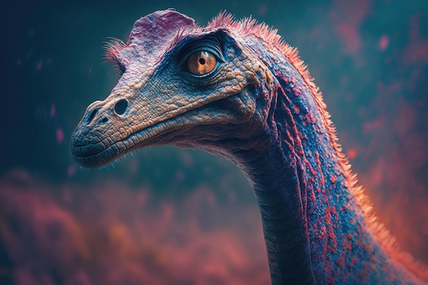 Dinosaurio peligroso colorido Gallimimus en la exuberante naturaleza prehistórica por IA generativa