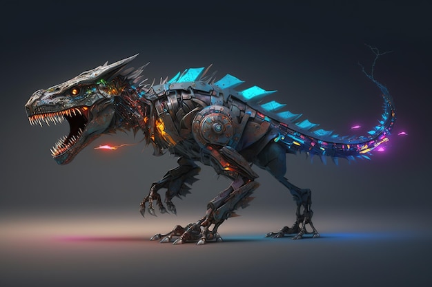 Un dinosaurio que es una máquina futurista del mundo futuro Animales salvajes Ilustración IA generativa