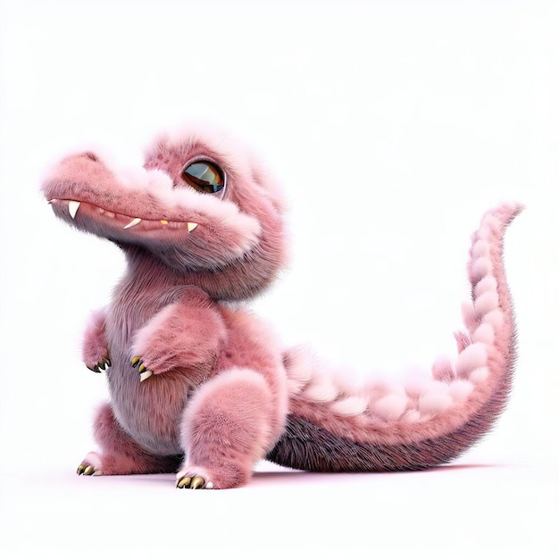 Un dinosaurio rosa con cabeza morada y ojos verdes.