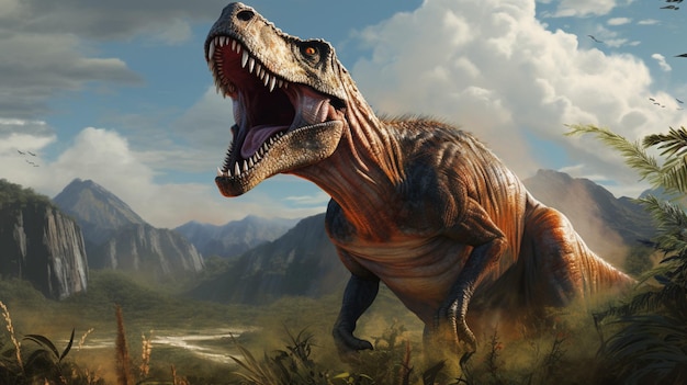 El dinosaurio ruge ferozmente en el paisaje prehistórico.