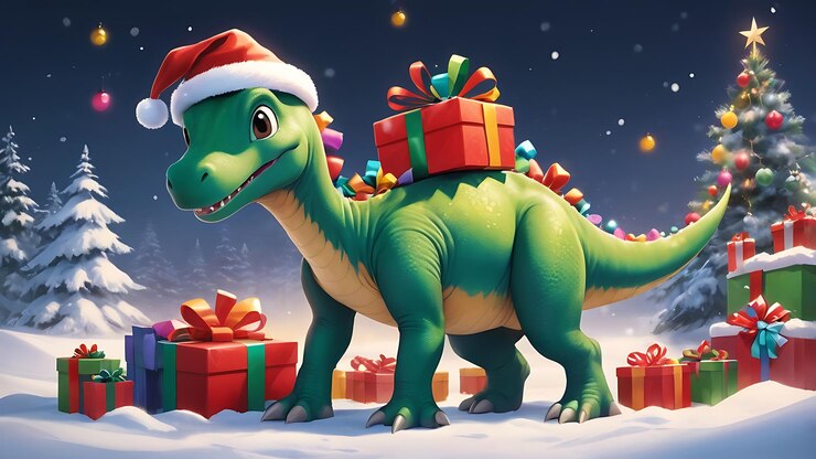 un dinosaurio con un sombrero en la cabeza está envuelto en regalos de Navidad