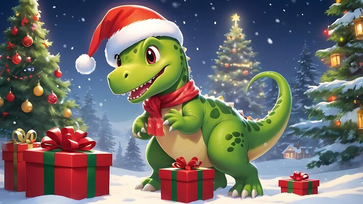 un dinosaurio con un sombrero en la cabeza se sienta frente a un árbol de Navidad