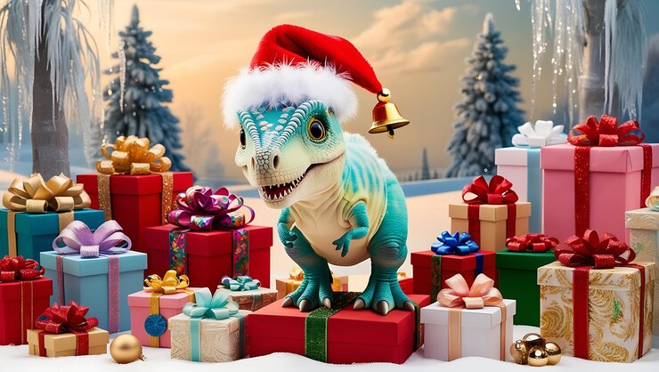un dinosaurio con un sombrero en la cabeza se sienta en una pila de regalos