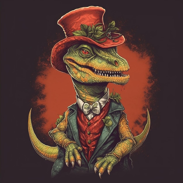 Un dinosaurio con un sombrero de copa y un sombrero de copa.