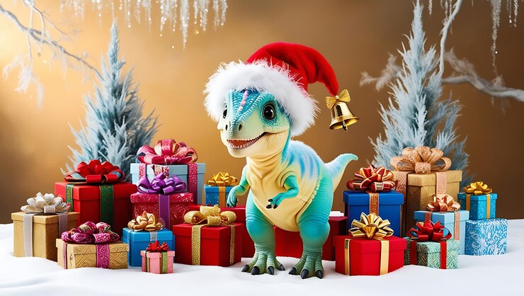 un dinosaurio con un sombrero en él está usando un Sombrero de Papá Noel