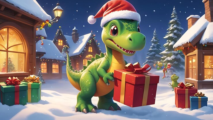 un dinosaurio con un sombrero de Navidad está sosteniendo un regalo