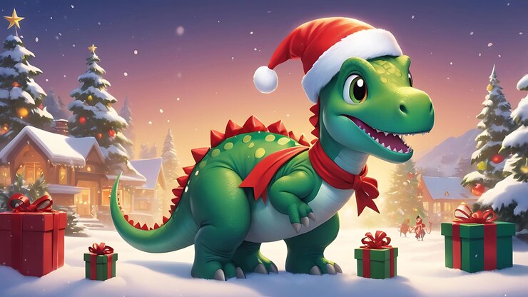 un dinosaurio con un sombrero que dice "Santa" en él