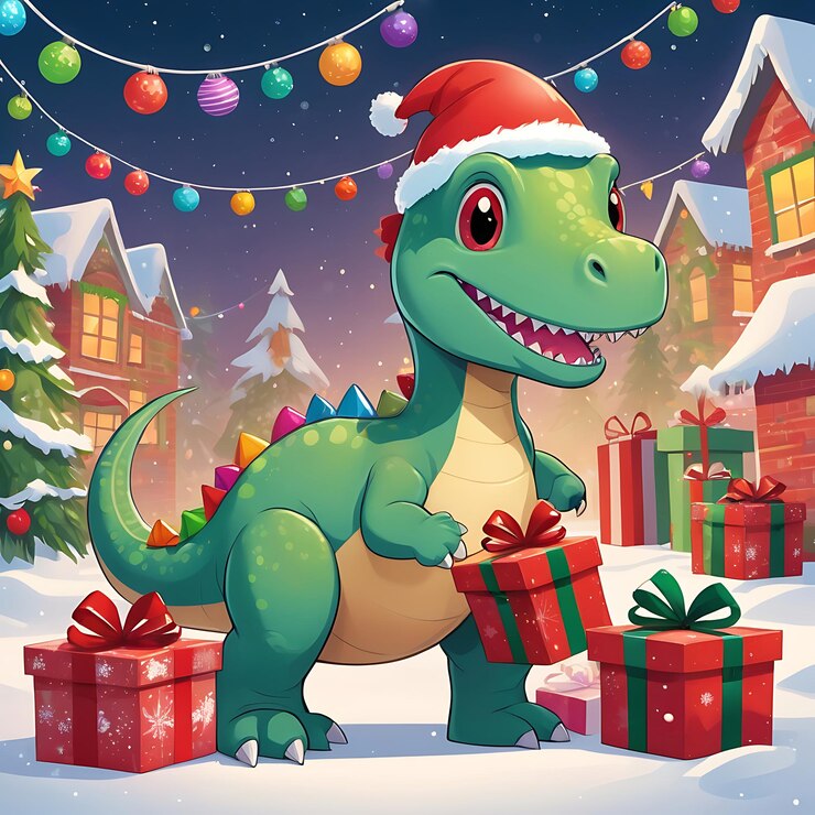 un dinosaurio con un sombrero que dice "Santa" en él
