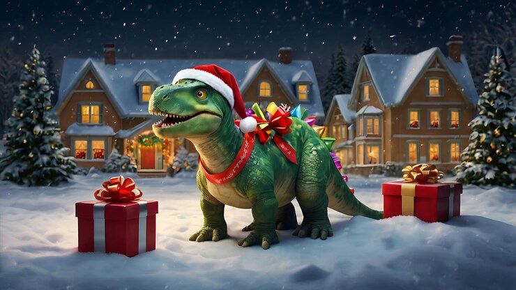 un dinosaurio con un sombrero que dice "Santa" en él