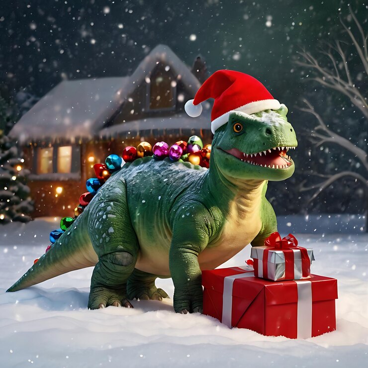un dinosaurio con un sombrero de Santa en la cabeza está en la nieve