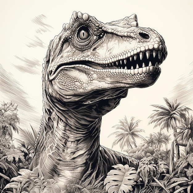 Dinosaurio spinosaurio reptil prehistórico dibujo en blanco y negro estilo grabado primer plano