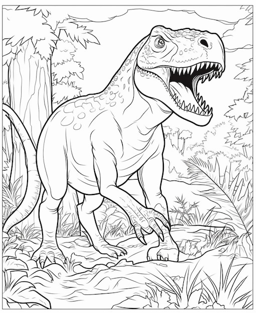 Foto un dinosaurio en el suelo de un bosque con una página para colorear en blanco y negro para niños.