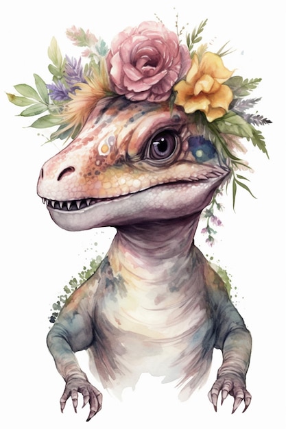 Un dinosaurio t rex con una corona de flores en la cabeza.