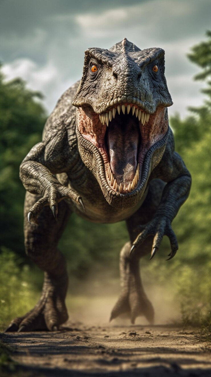 Un dinosaurio t - rex se muestra en una escena de vida salvaje.