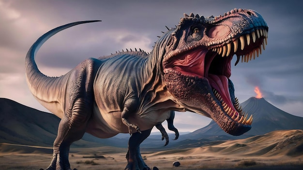 Dinosaurio tiranosaurio rex con poderosas mandíbulas abiertas feroz poder de la trex generativo ai